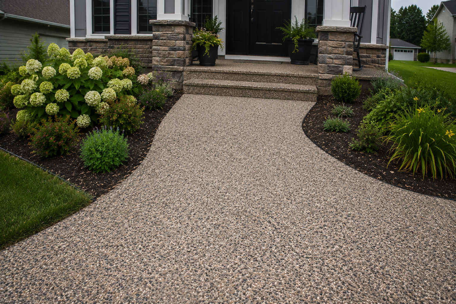 Decorative exposed aggregate concrete installation featuring a textured natural stone finish at a residential property in Indianapolis, Indiana.