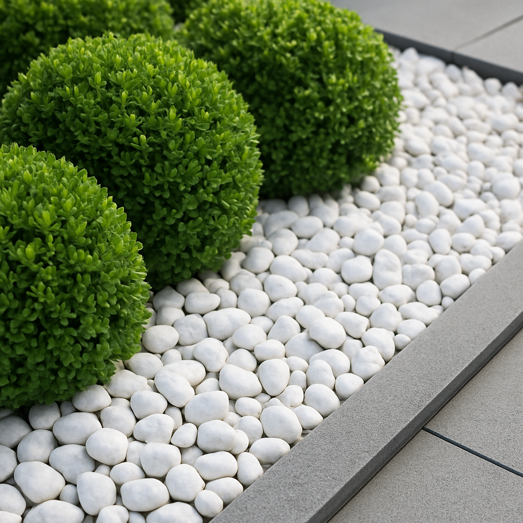 Minimalist landscape design featuring manicured Boxwood shrubs, white marble pebbles, and grey stone pavers by B&F Landscaping.