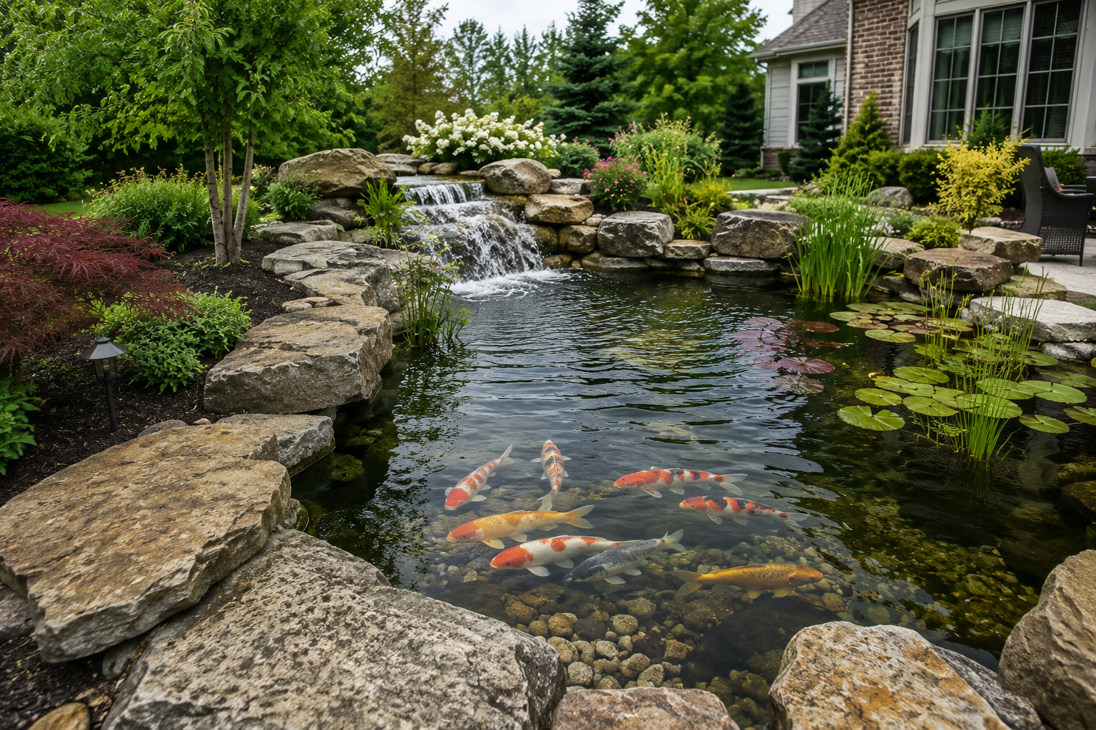 Custom koi pond installation with natural stone edging, aquatic plants, and colorful koi fish in a professionally landscaped backyard in Indianapolis, IN.