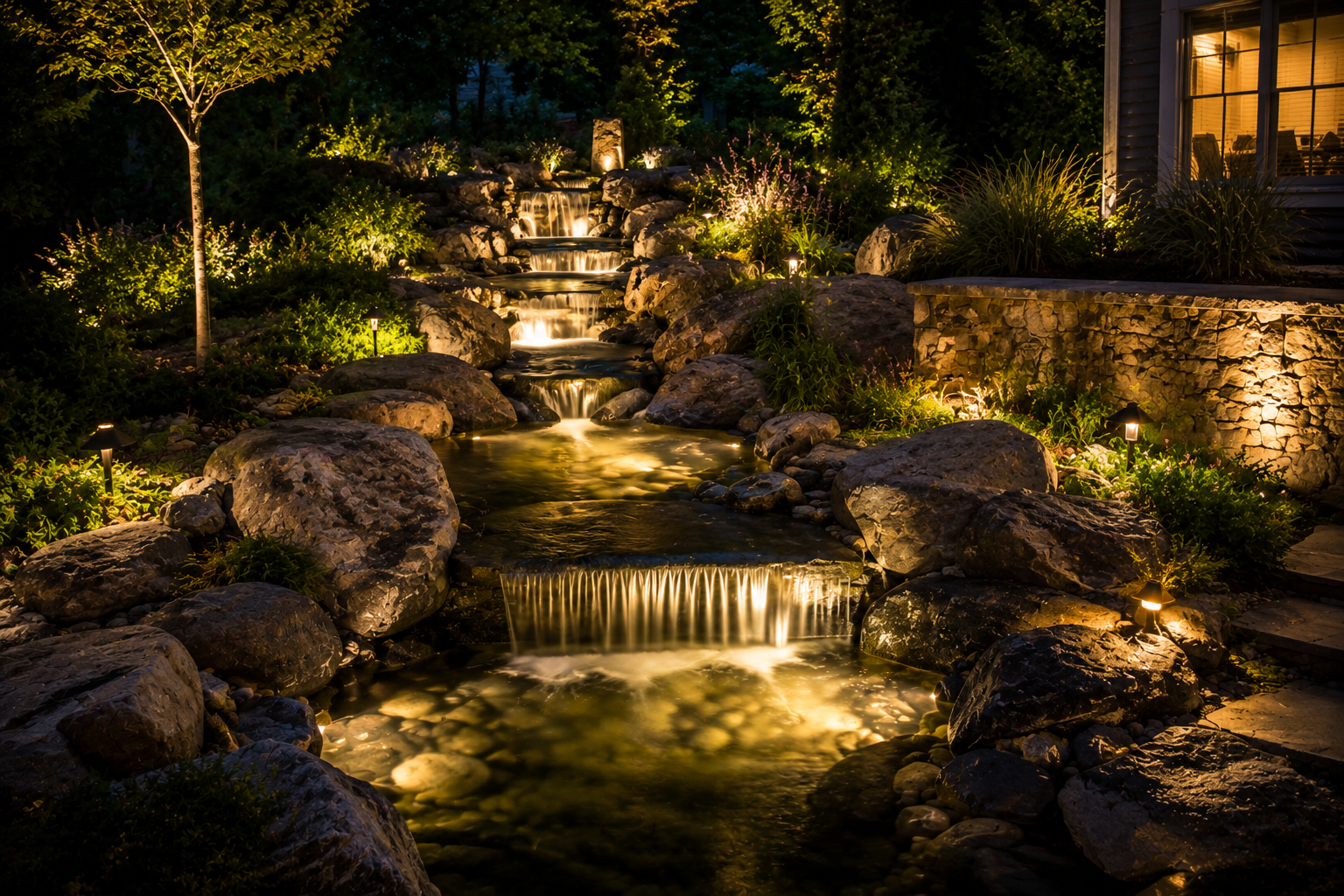 Professional LED water feature lighting illuminating a backyard waterfall, stream, and landscape in Indianapolis, IN.