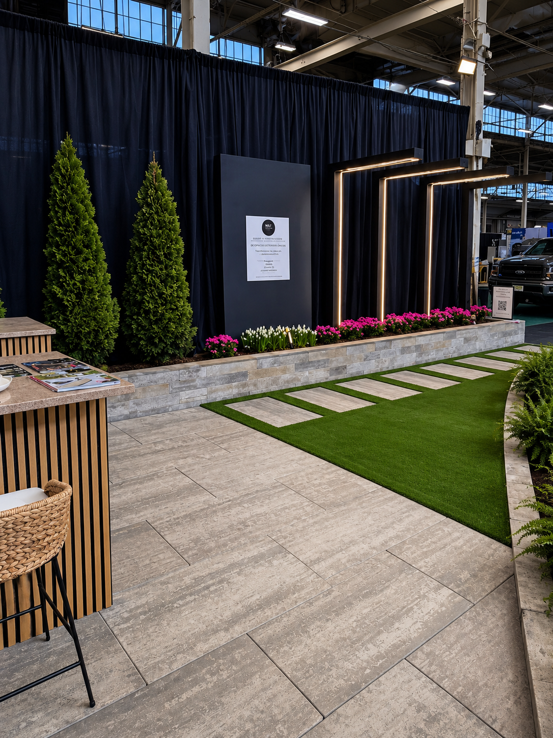 Custom outdoor living space installation featuring a premium turf walkway combined with stone paver flooring