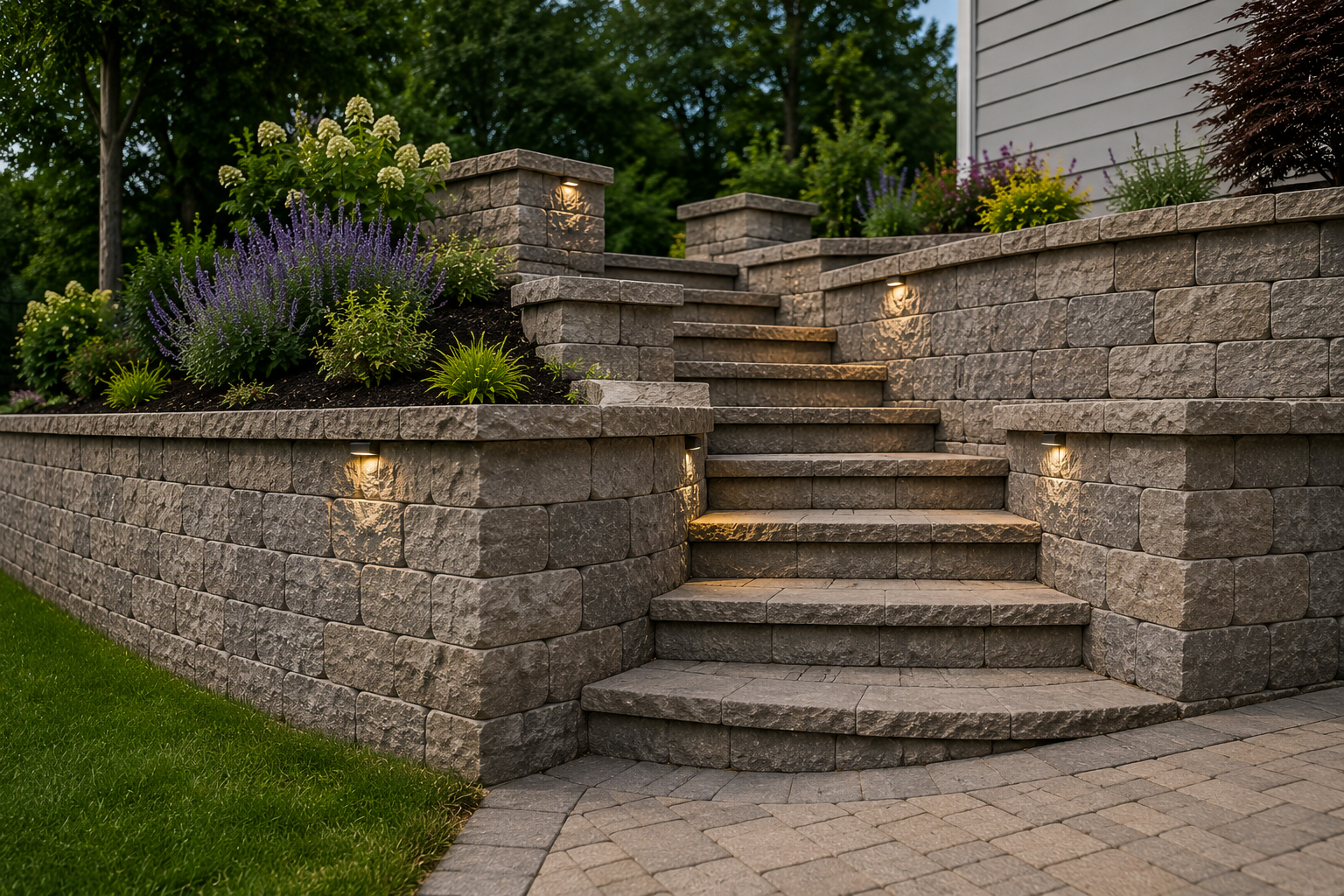 Luxury retaining wall and stone steps with landscape lighting in Indianapolis backyard