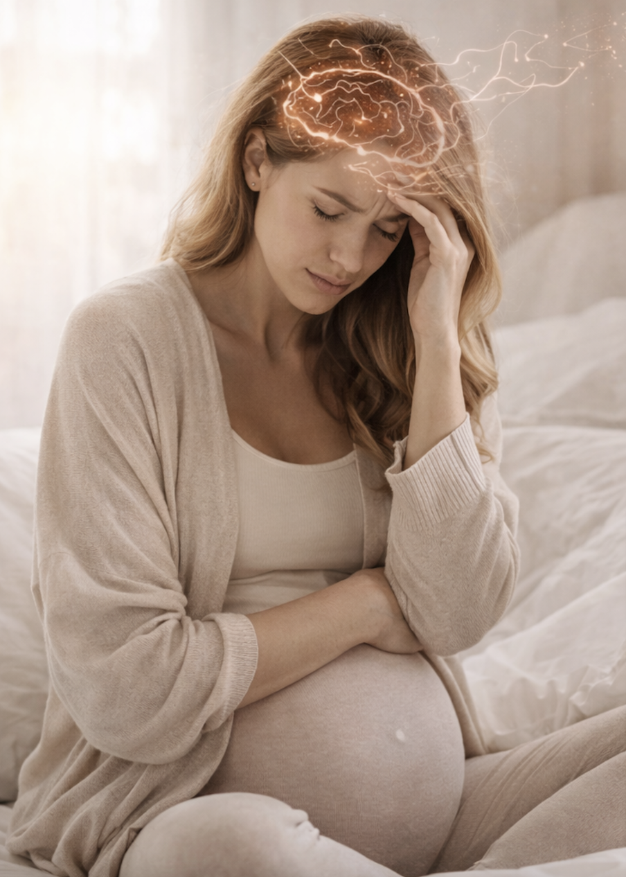 Calm pregnant woman sitting on a bed holding her head, representing fear and stress about labor and childbirth