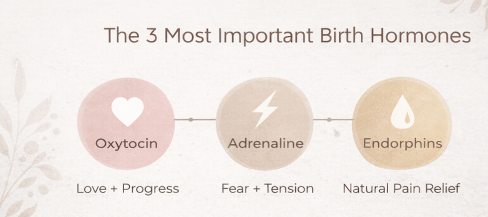 Illustration showing oxytocin, adrenaline, and endorphins as key birth hormones influenced by thoughts, emotions, and nervous system regulation