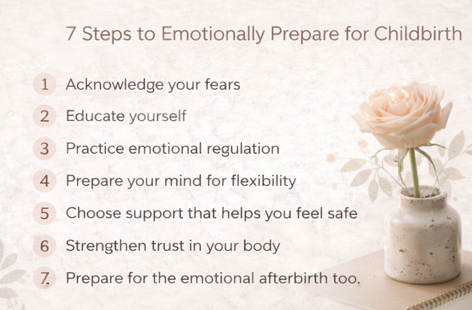 Illustration showing seven steps to emotionally prepare for childbirth, including fear awareness, emotional regulation, flexibility, and support
