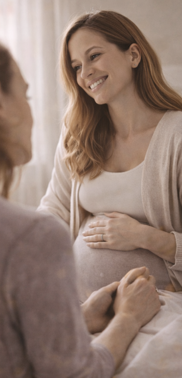 Pregnant woman receiving calm emotional support, illustrating reassurance, connection, and feeling supported while preparing for birth