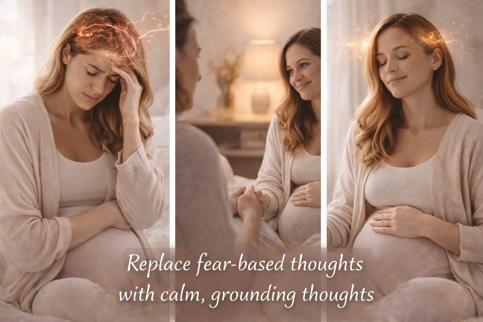Pregnant woman moving from tension to calm with emotional support, illustrating how grounding thoughts and reassurance can reduce fear and pain during labor