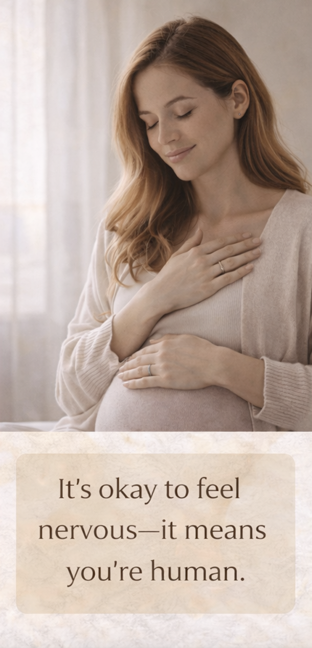Pregnant woman resting her hand on her belly and breathing calmly, symbolizing reassurance and emotional grounding during pregnancy