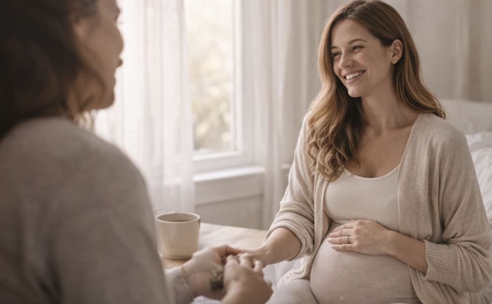 Pregnant woman having a calm, supportive conversation, representing emotional safety and support during birth preparation
