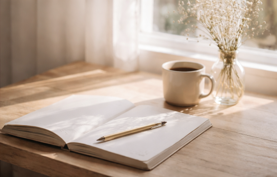 Journal and cup of tea by a window representing reflection, mindset work, and identifying fears during pregnancy and birth preparation