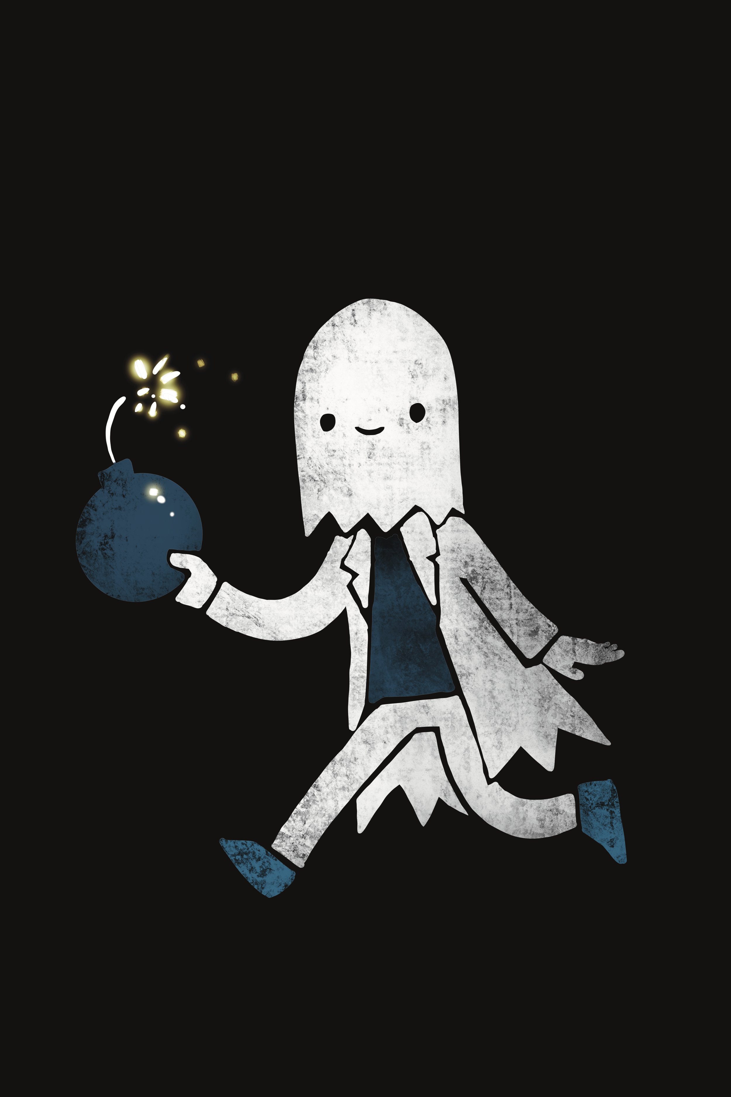 Cartoon ghost wearing a jacket, holding a lit fuse bomb with sparks, standing against a black background.
