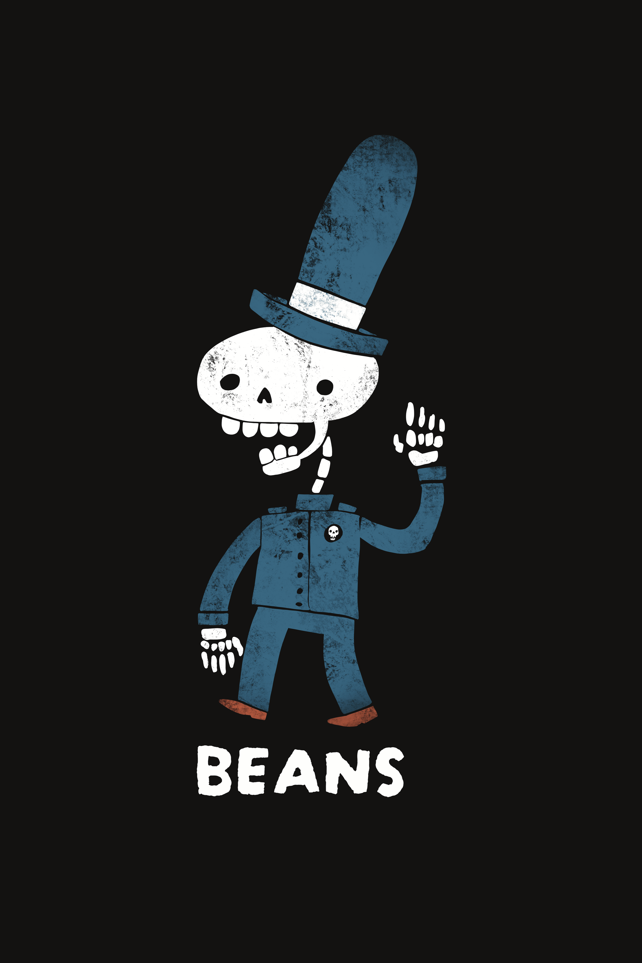 A stylized skeleton wearing a blue police hat and blue clothing with a small skull badge, waving. The image has a dark background with the partial word "BEANS" at the bottom.