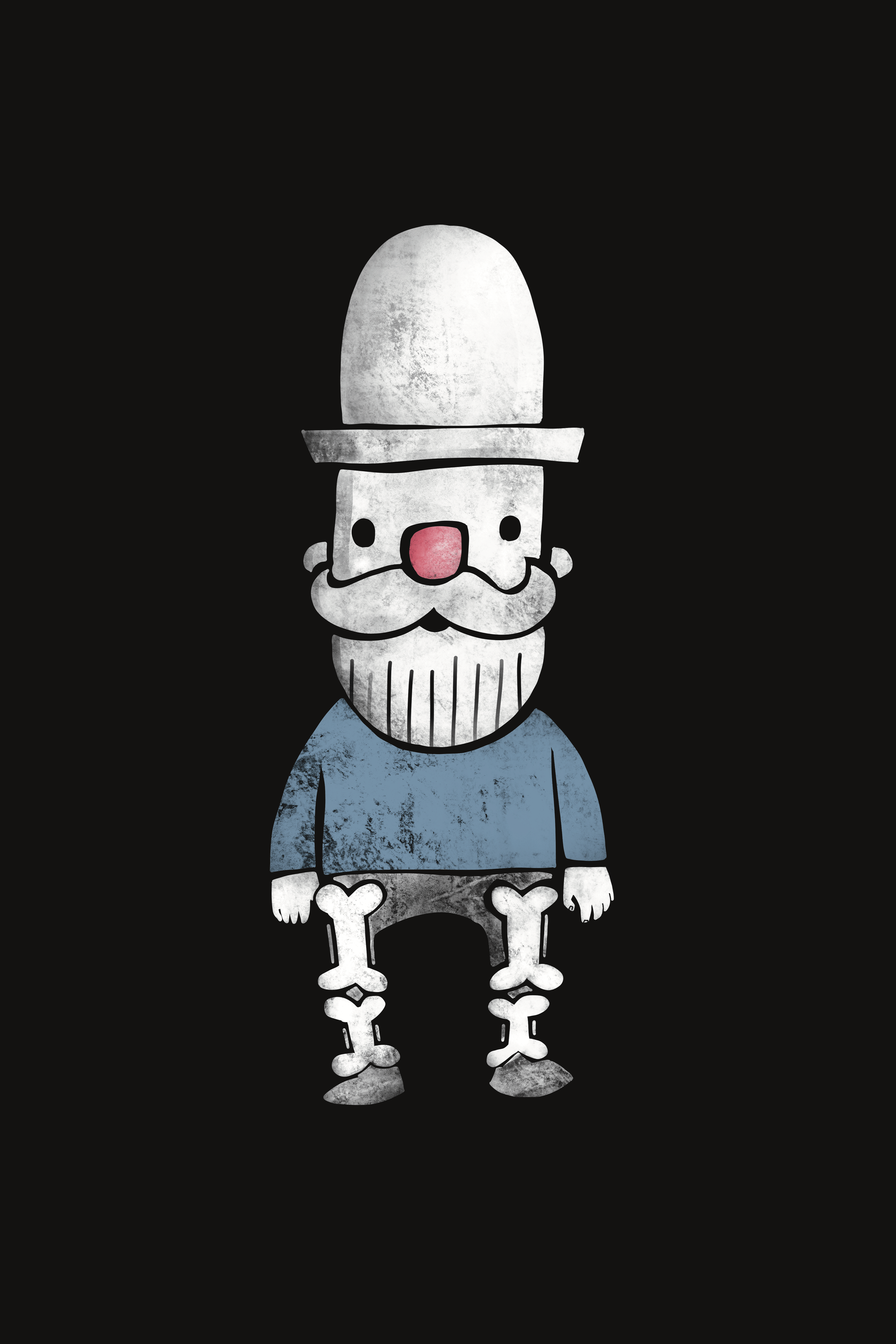 A cartoon man wearing skeleton pants and a blue top, with a pink nose, a hat on its head, and a large beard.