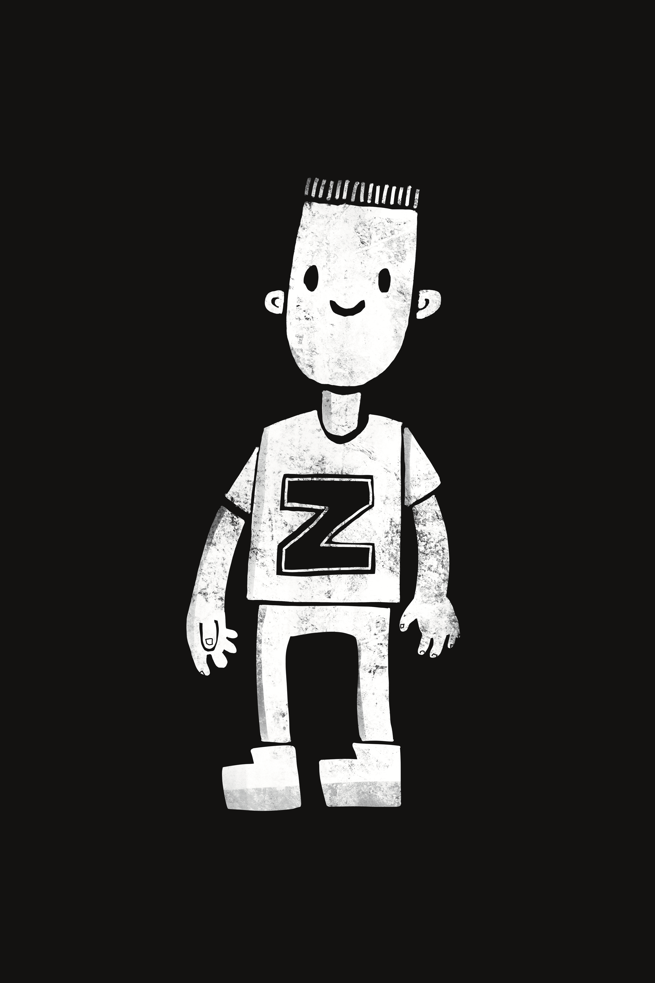 A comic-style drawing of a person with a tall rectangular head, short black hair, and a smiling face. They are wearing a t-shirt with the letter 'Z' on it, pants, and large boots. The background is black.