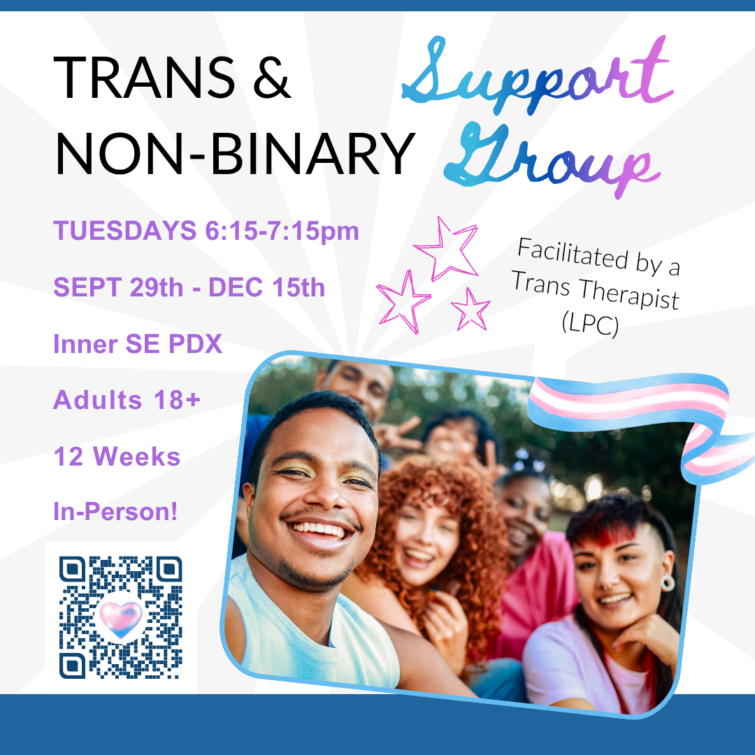 Fall 2026 Trans & Non-Binary Therapy Group! 🏳️‍⚧️ Time to Register! (Registration open until 9/20)