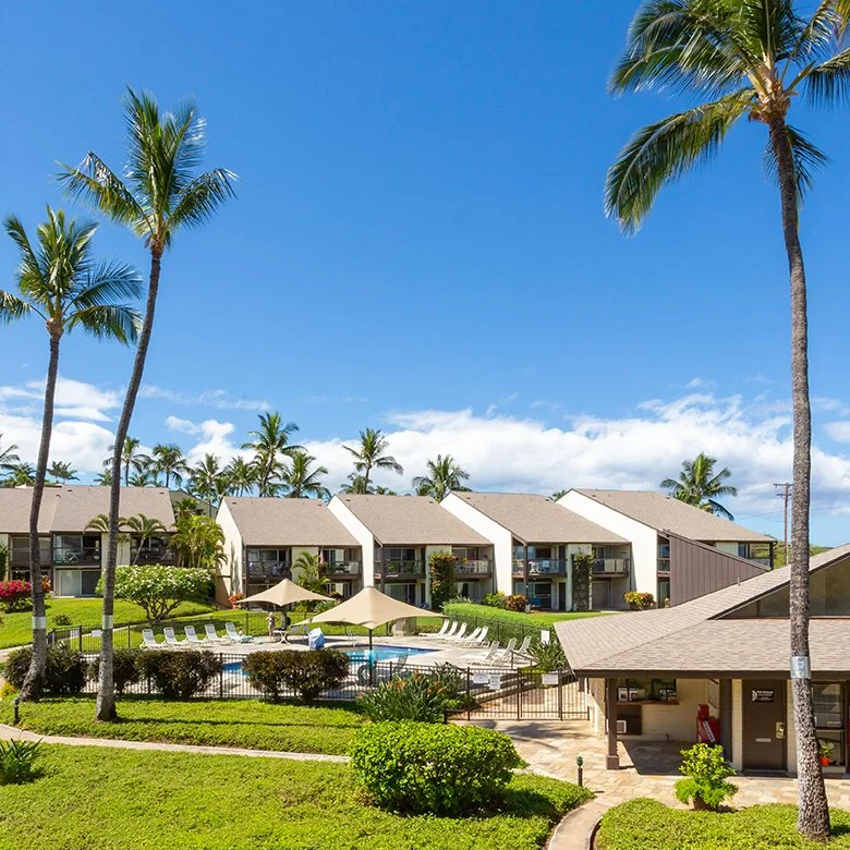 Beautiful sunny day in South Maui at Hale Kamole Pool and BBQ Area.