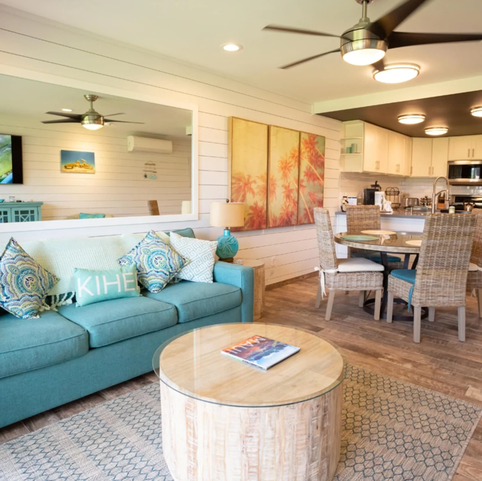 A newly remodeled condo at Hale Kamaole with a spacious Living room and kitchen and dining area. 