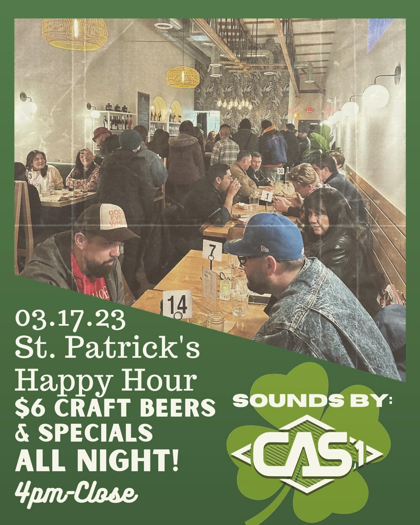 🍀ST. PATRICK&rsquo;S NIGHT!🍀 

Friday, March, 17th
4pm-Close
$6 Craft Beers ALL NIGHT LONG!
FOOD SPECIALS &amp; HAPPY HOUR 
Until The End!

Oh Yes, we will have Corned Beef, just because we can!

Sounds by:  @cas1beats 
Gonna Be a Chill Vibe!  Brin