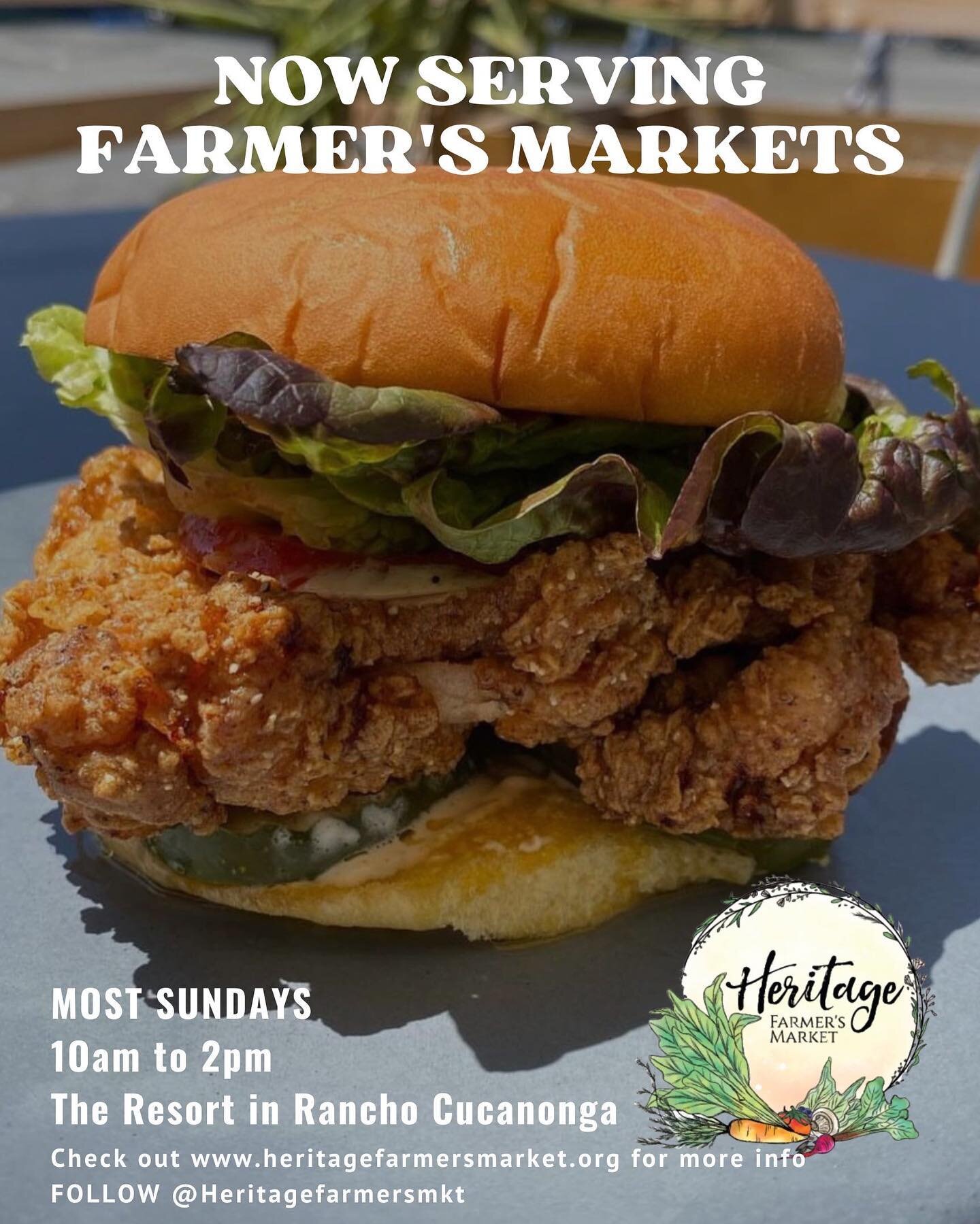 Starting Sunday, April 30th
You Can Now Find Us at 
Heritage Farmer&rsquo;s Market
At The Resort in Rancho Cucamonga
10am-2pm 

Slangin&rsquo; 
Organic Simple Salads
Fried Chicken Sandwiches 
Shoestring Fries
Fresh Squeezed Orange Juice
Arnold Palmer