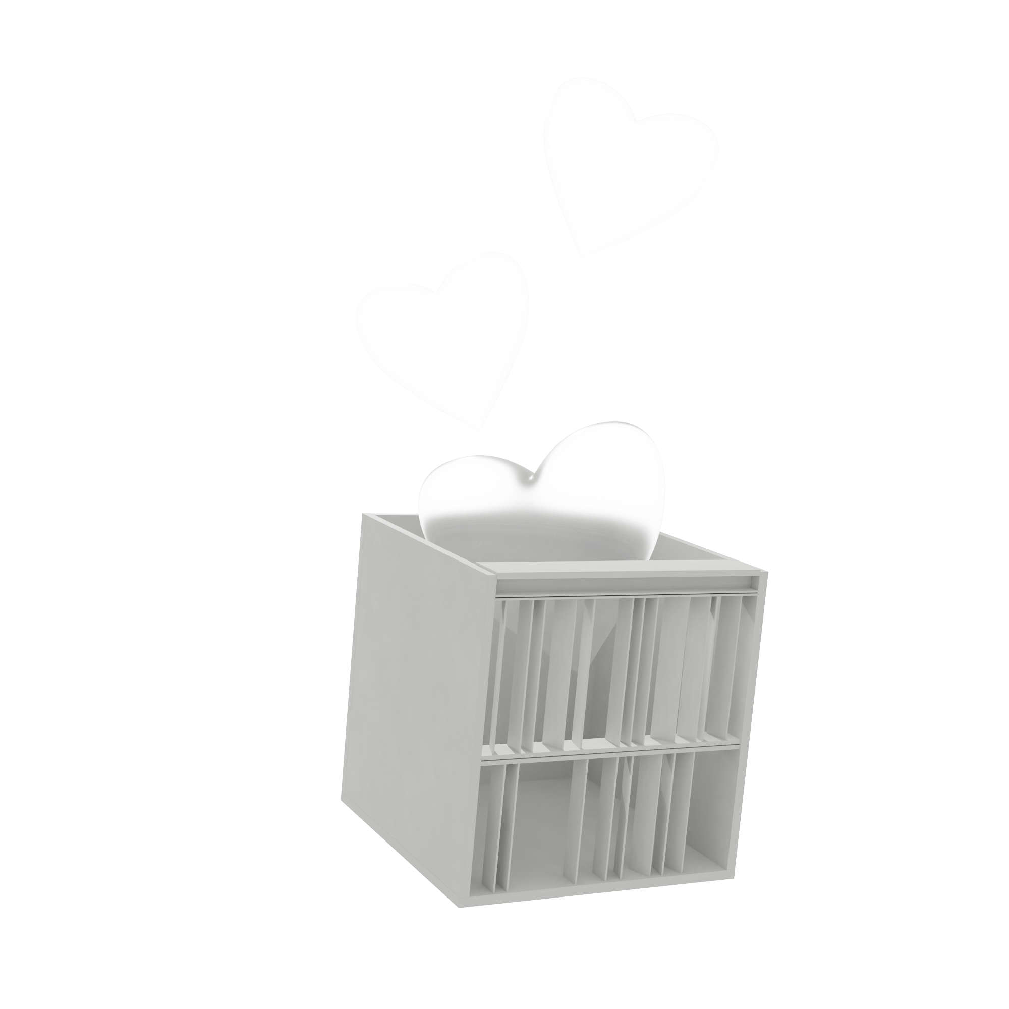 A white rendering of the IATI Theater's building with a white heart-shaped object on top and two white heart-shaped balloons attached