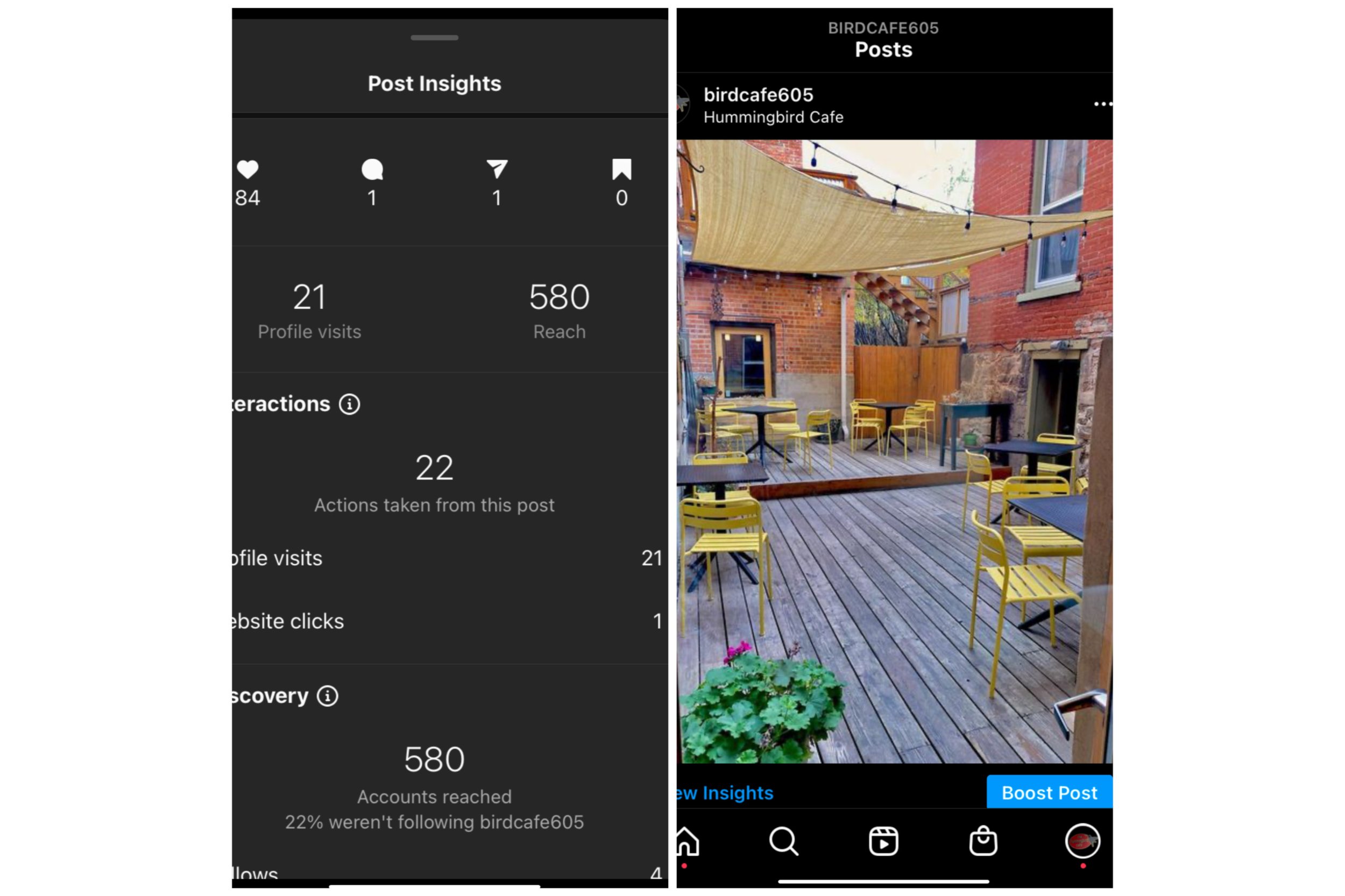 Instagram post of the Hummingbird cafe patio & analytics.