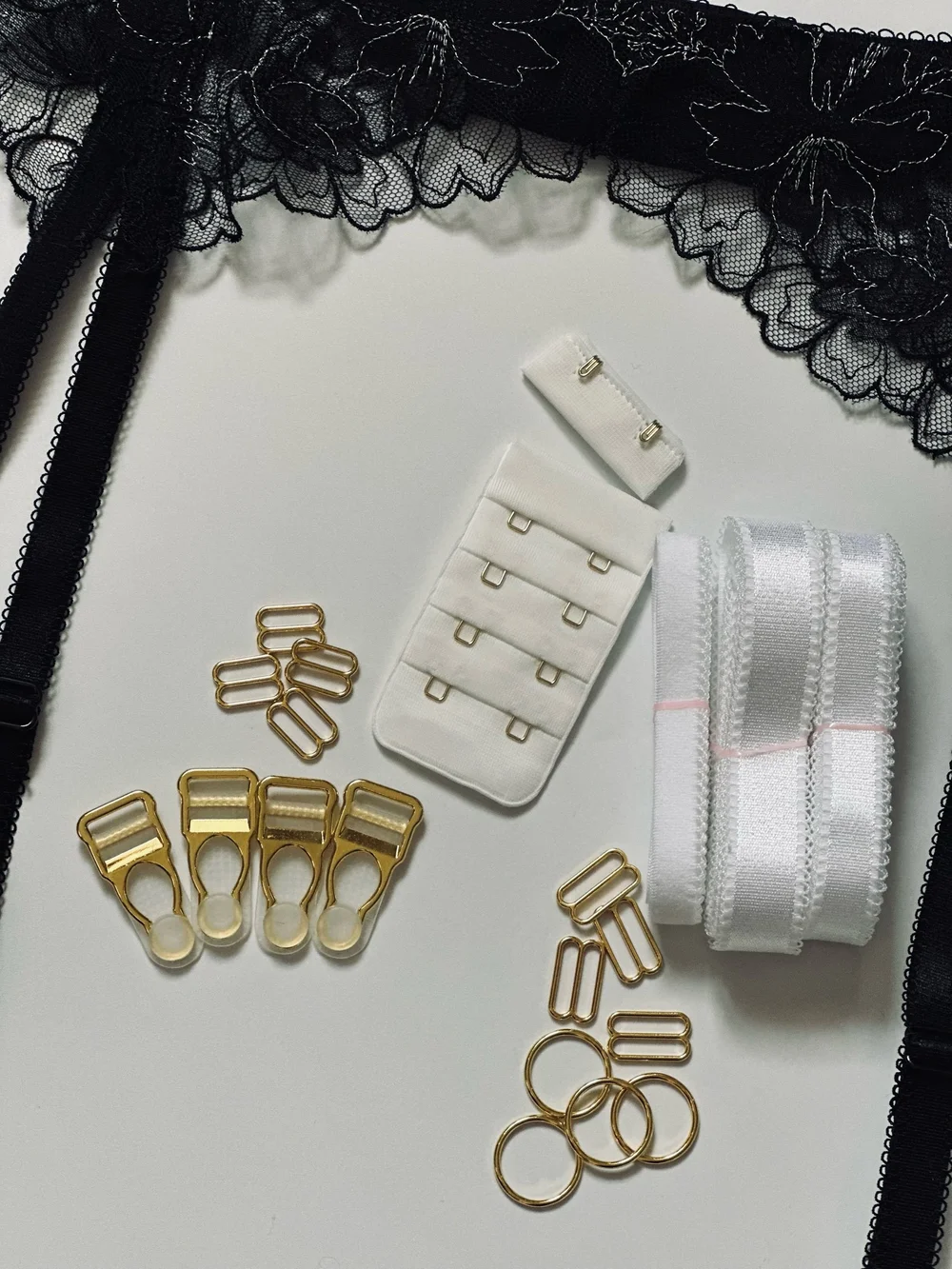 Orlaya Garter Belt Findings Kit (Dyeable + Noir)  Stephie's Lingerie -  Luxury Lingerie & DIY Bra Making Supplies