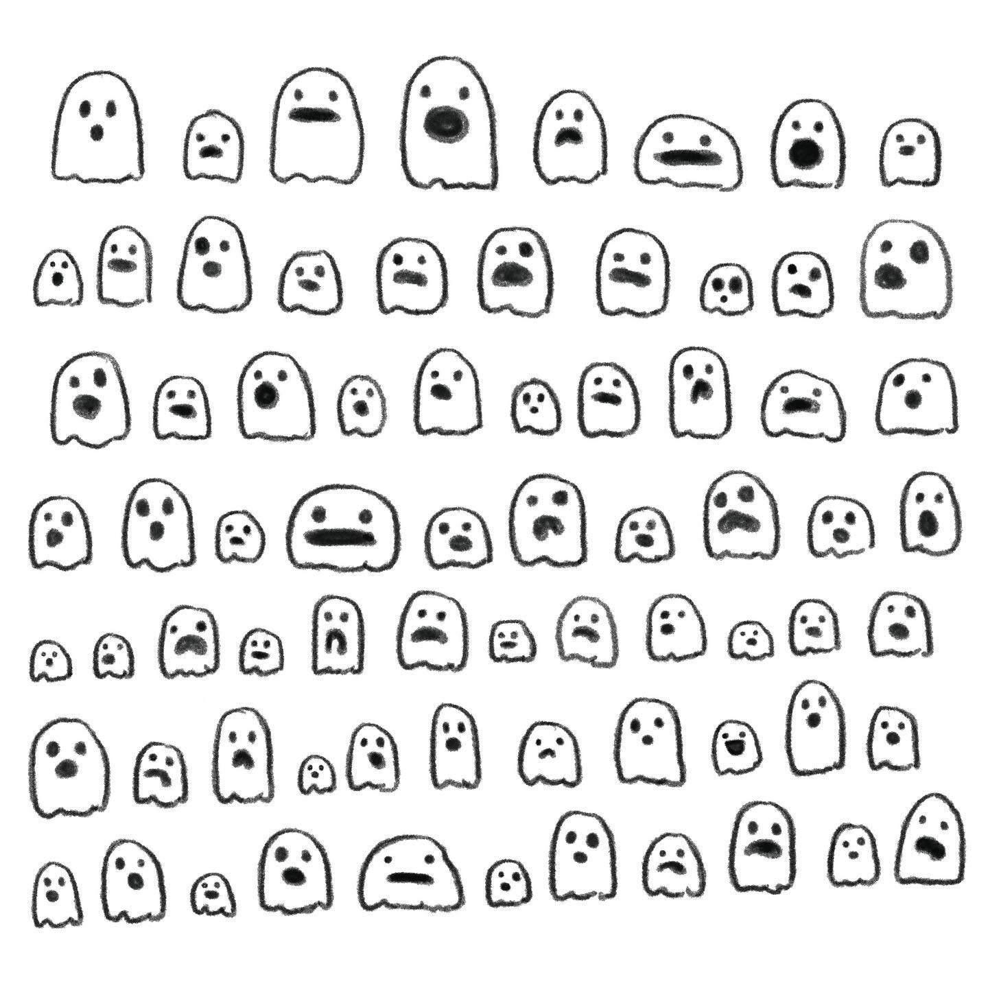 10/26/22: Drawing random cartoon ghost faces as one does. Can you find the &ldquo;strange&rdquo; one for #scbwiartober #artober