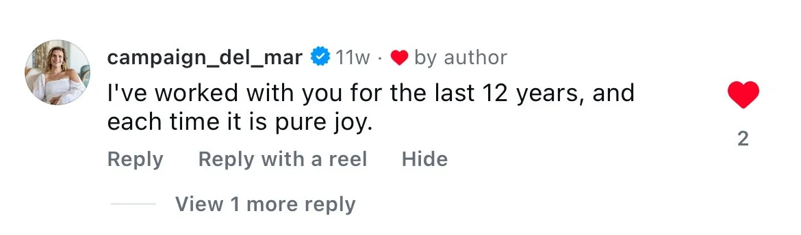 Instagram comment by campaign_del_mar expressing gratitude for 12 years of working together and feeling joy each time.
