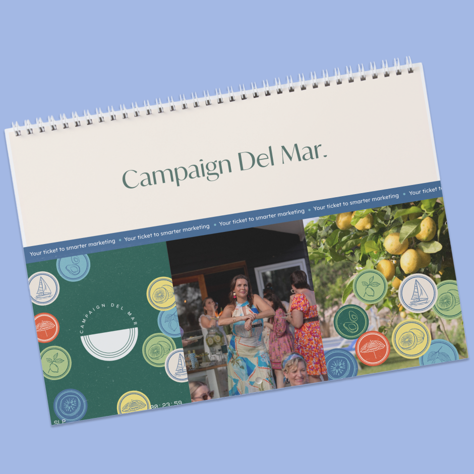 A promotional flyer with the title 'Campaign Del Mar' featuring a photo of women socializing outdoors, a lemon tree, and colorful icons of a sailboat, lemon, leaf, and umbrella.