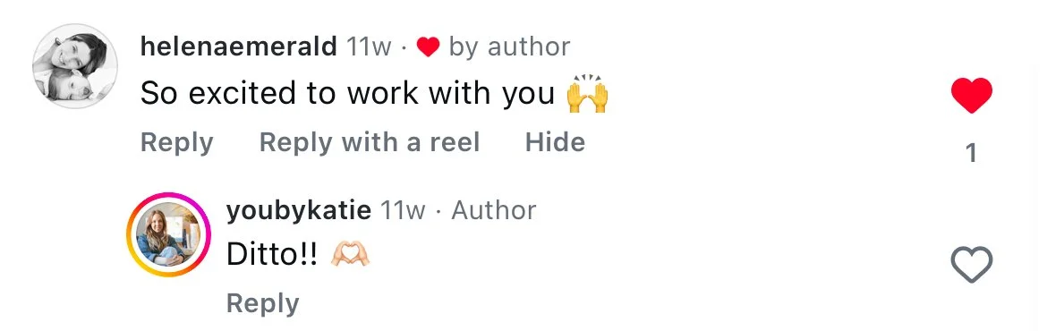 A social media comment exchange between two users, helenaemeral and youbykatie, with profile pictures; helenaemeral's profile picture appears to be a black and white photo of a woman and child, and youbykatie's profile picture shows a woman seated in a lounge area.