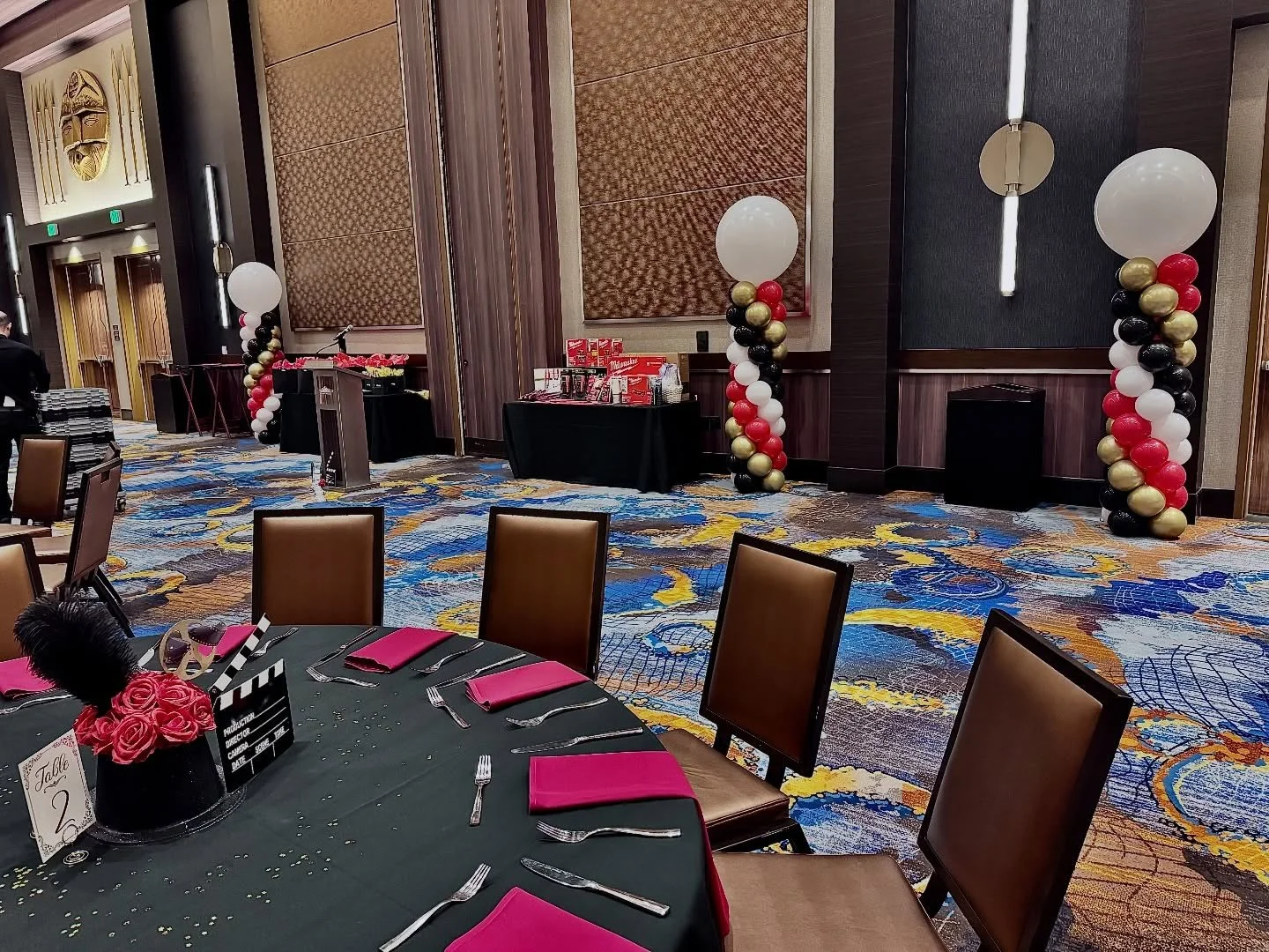 Casino night for @neiderscompany at @muckleshootcasinoresort!! I frequently get asked what arrangement is the &ldquo;biggest bang for your buck&rdquo; and my answer is almost always columns. Six columns placed around this gorgeous ballroom brought in