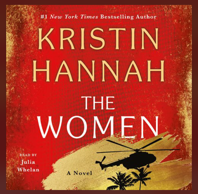 Cover for audiobook of The Women; red background with a silhouette of a helicopter and palm trees