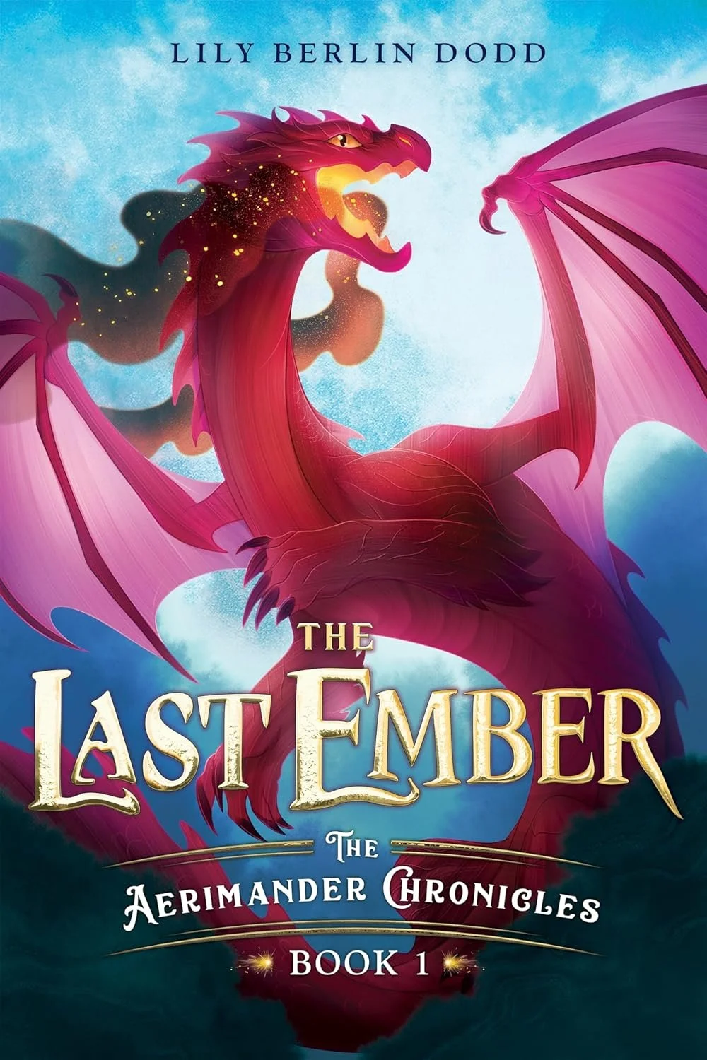 Book cover for The Last Ember showing a magenta dragon in flight surrounded by golden sparkles