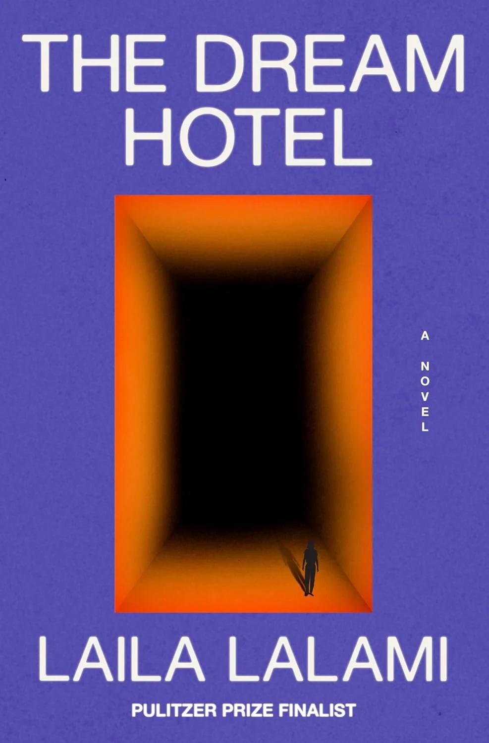 The cover of The Dream Hotel showing a purple background and an orange hallway with a figure in silhouette