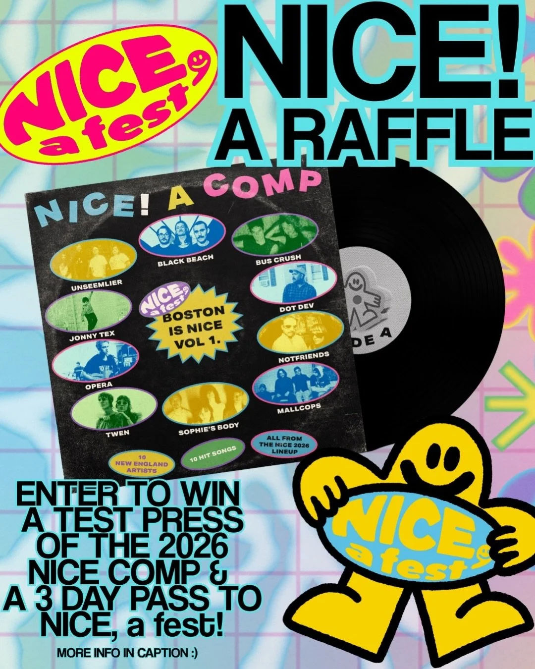 We&rsquo;re raffling off a test pressing of the NICE, a fest vinyl compilation + 2 Weekend Passes to NICE, a fest.

Every single dollar raised will go directly to @luce_hotline because we believe ICE is NOT NICE and no person is illegal.

How to ente