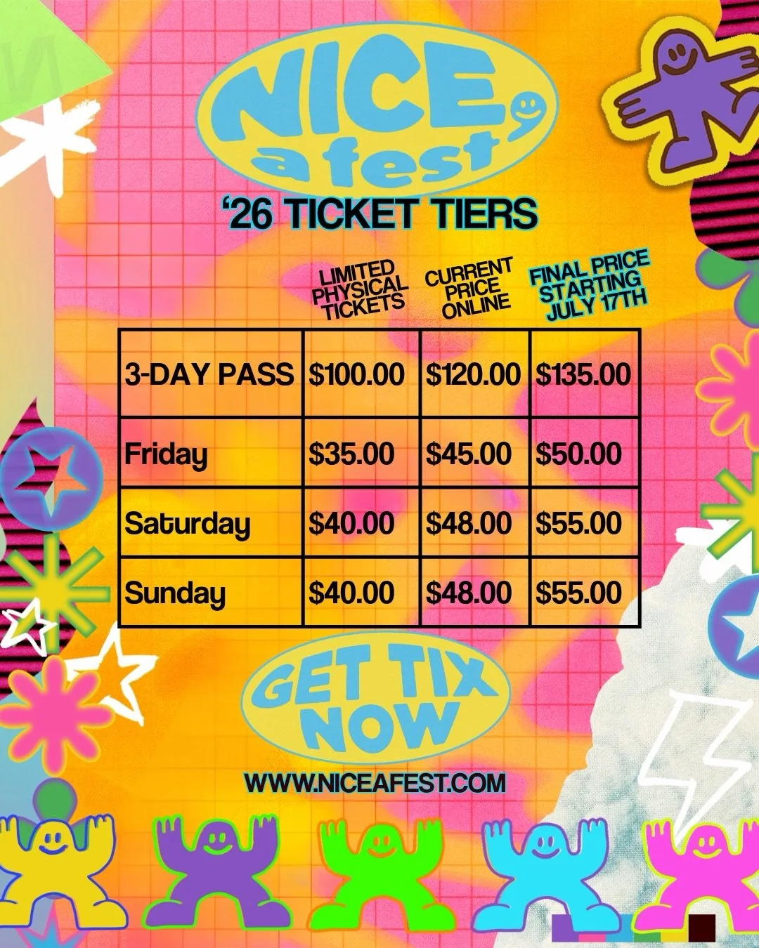 REMINDER‼️ Ticket prices go up on the 17th! What are you waiting for? 🫣🎟️

Want those NICE physical ticket prices? Swipe to see where you can get those limited edition physical tickets! 

See you in a few weeks! 🙂🎟️niceafest.com