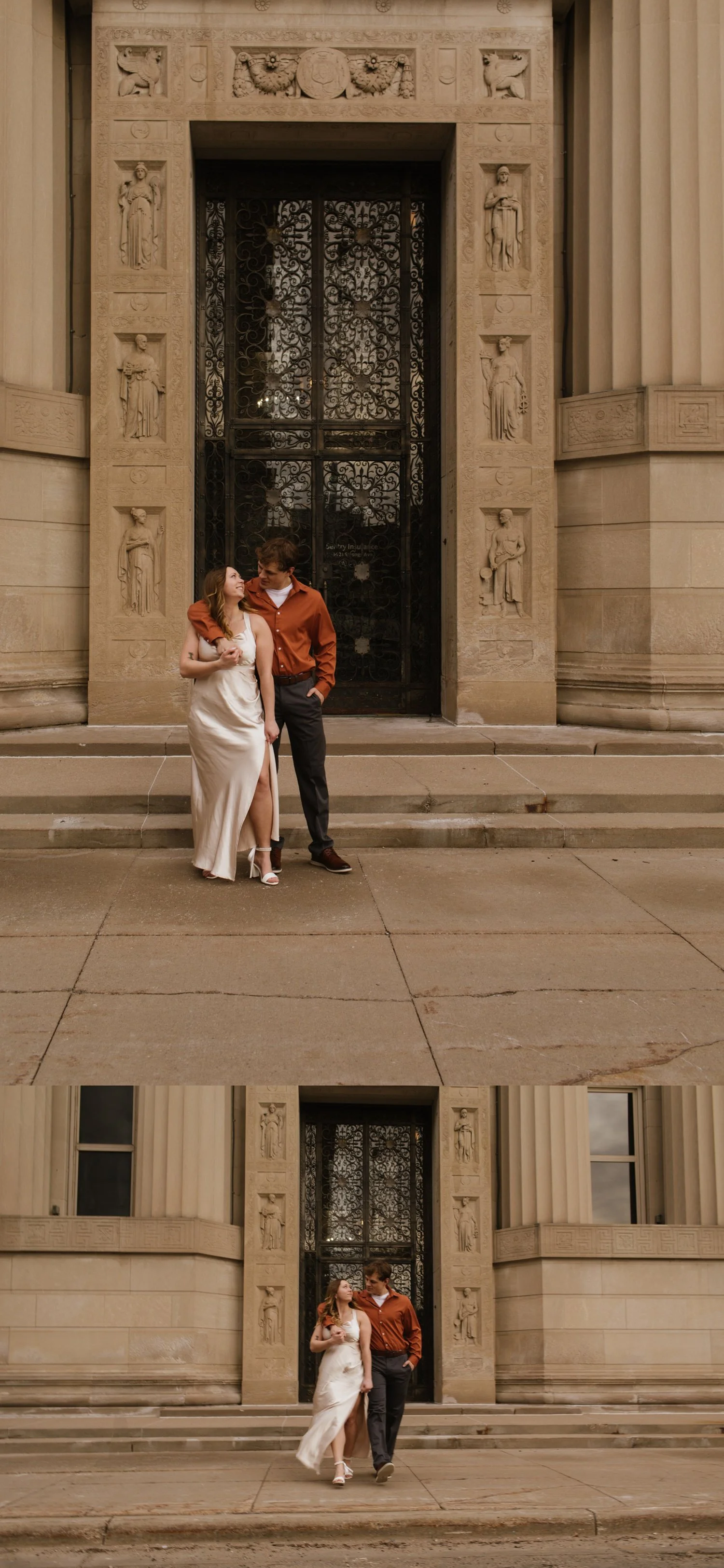 man and woman stand holding each other engagement session in front of sentry insurance building in downtown stevens point wisconsin