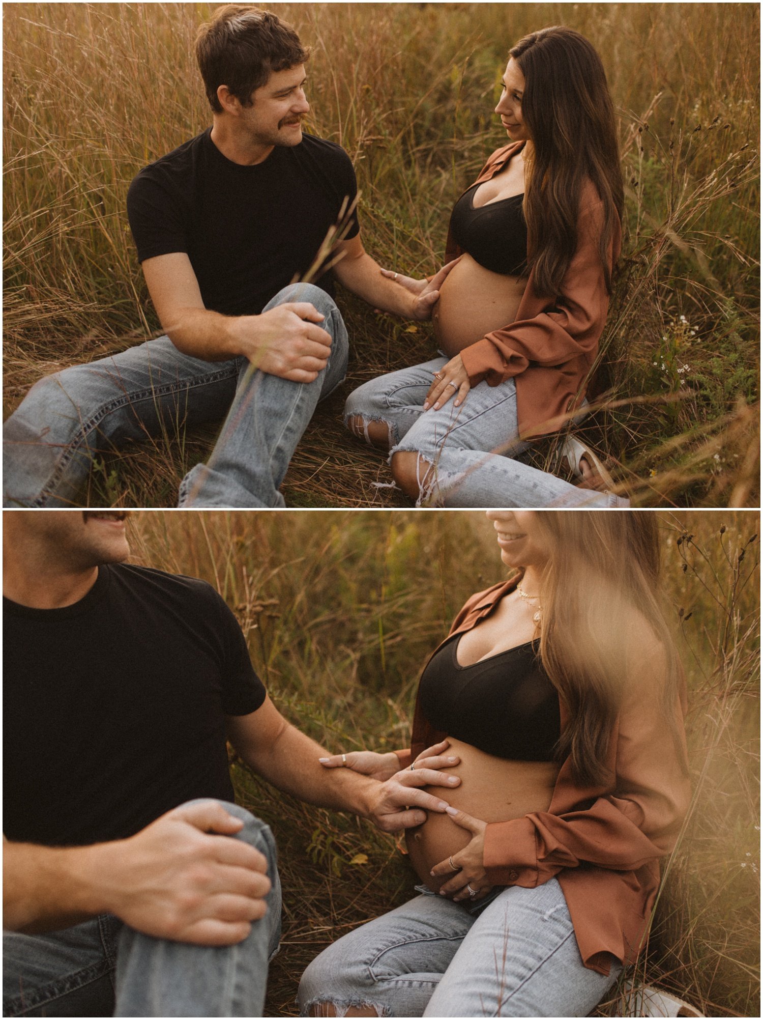 pregnant woman sitting in a field of long grass with her husband for maternity session in wisconsin rapids