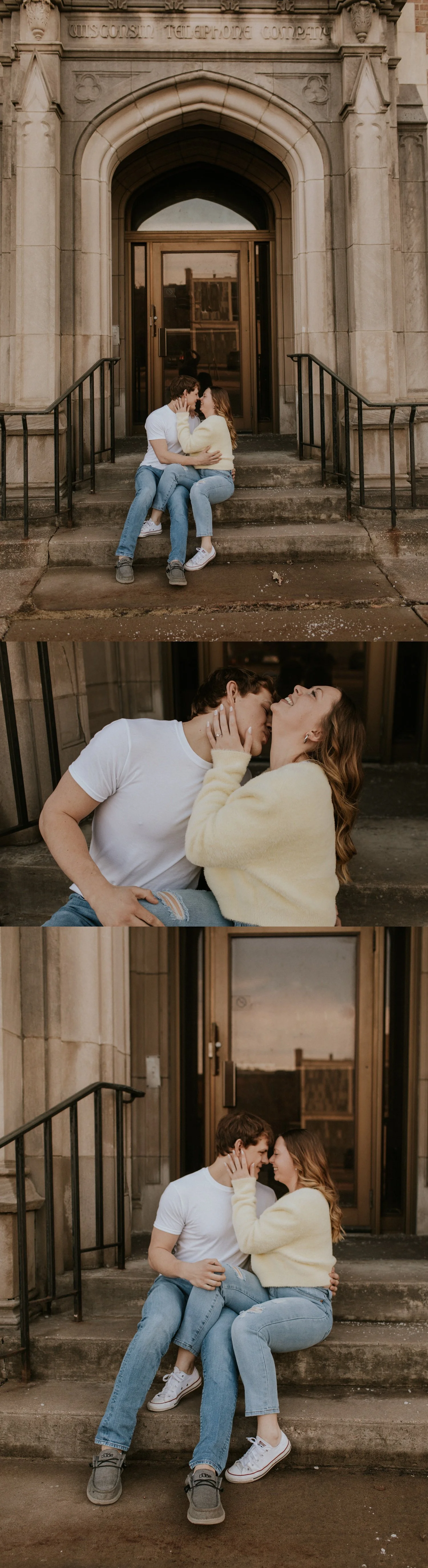 woman and man sitting on steps in downtown stevens point wisconsin