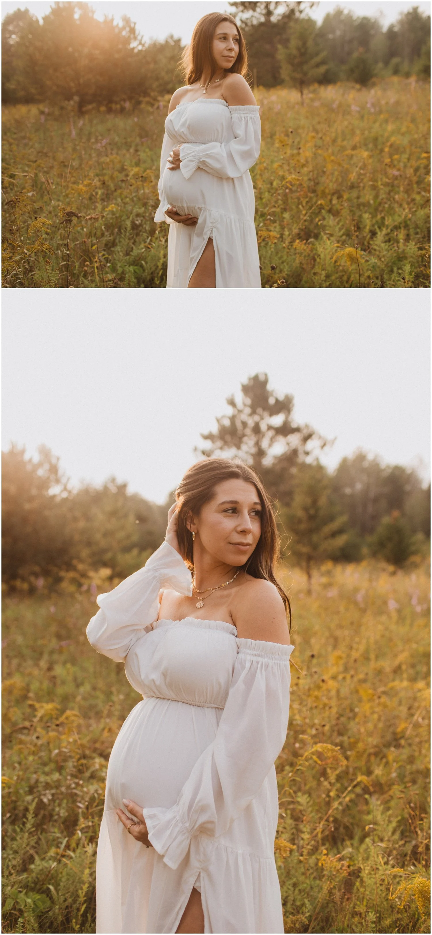a pregnant woman wearing a white dress stands in a field of wildflowers for maternity session in wisconsin rapids