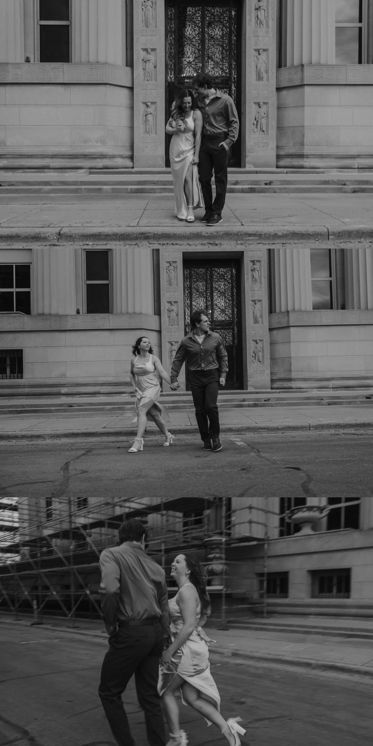 man and woman hold each other and walk across street in dress clothing engagement session in front of sentry insurance building in downtown stevens point wisconsin