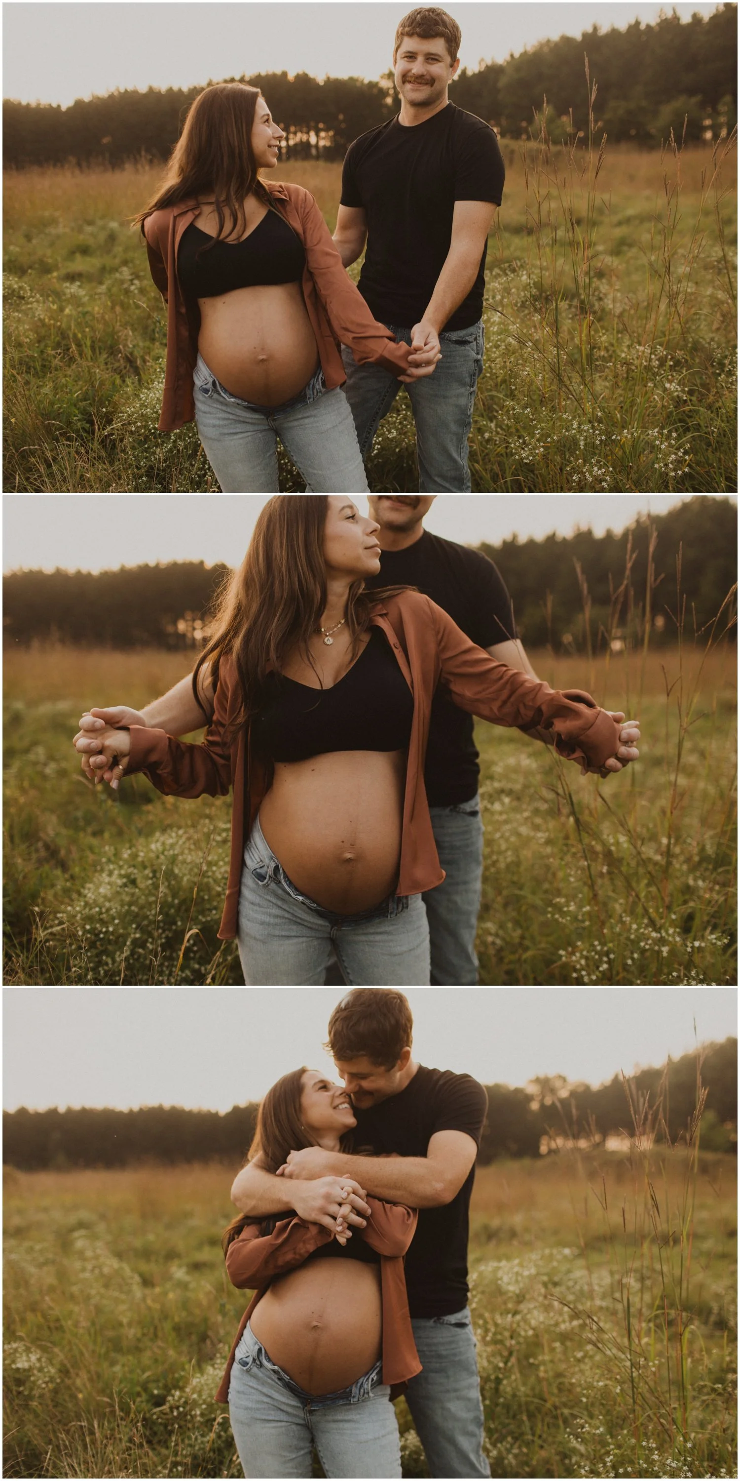 pregnant woman standing in front her husband holding hands for maternity session in a field of long grass in wisconsin rapids