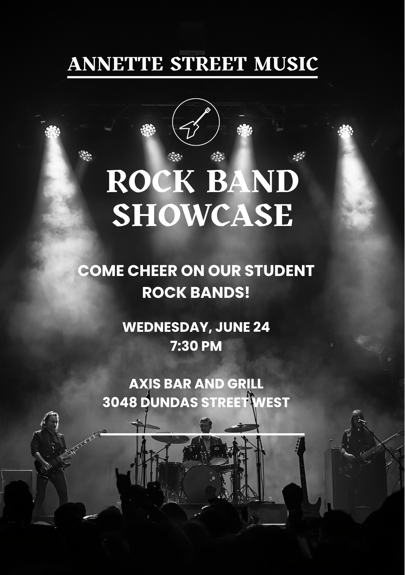 Rock Band Showcase, Annette Street Music, student musicians, live performance, music lessons, rock bands, recitals, Toronto music school.