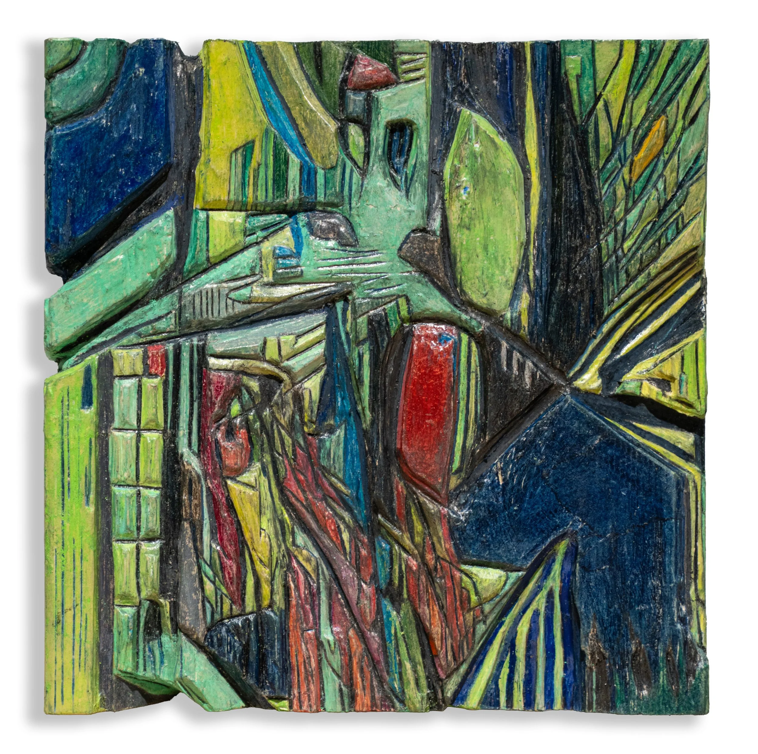 Untitled, 2024, 23.5 x 23.5 x 3.5 cm, Paper collage, Oil-based ink, Engraving on Wood Panel