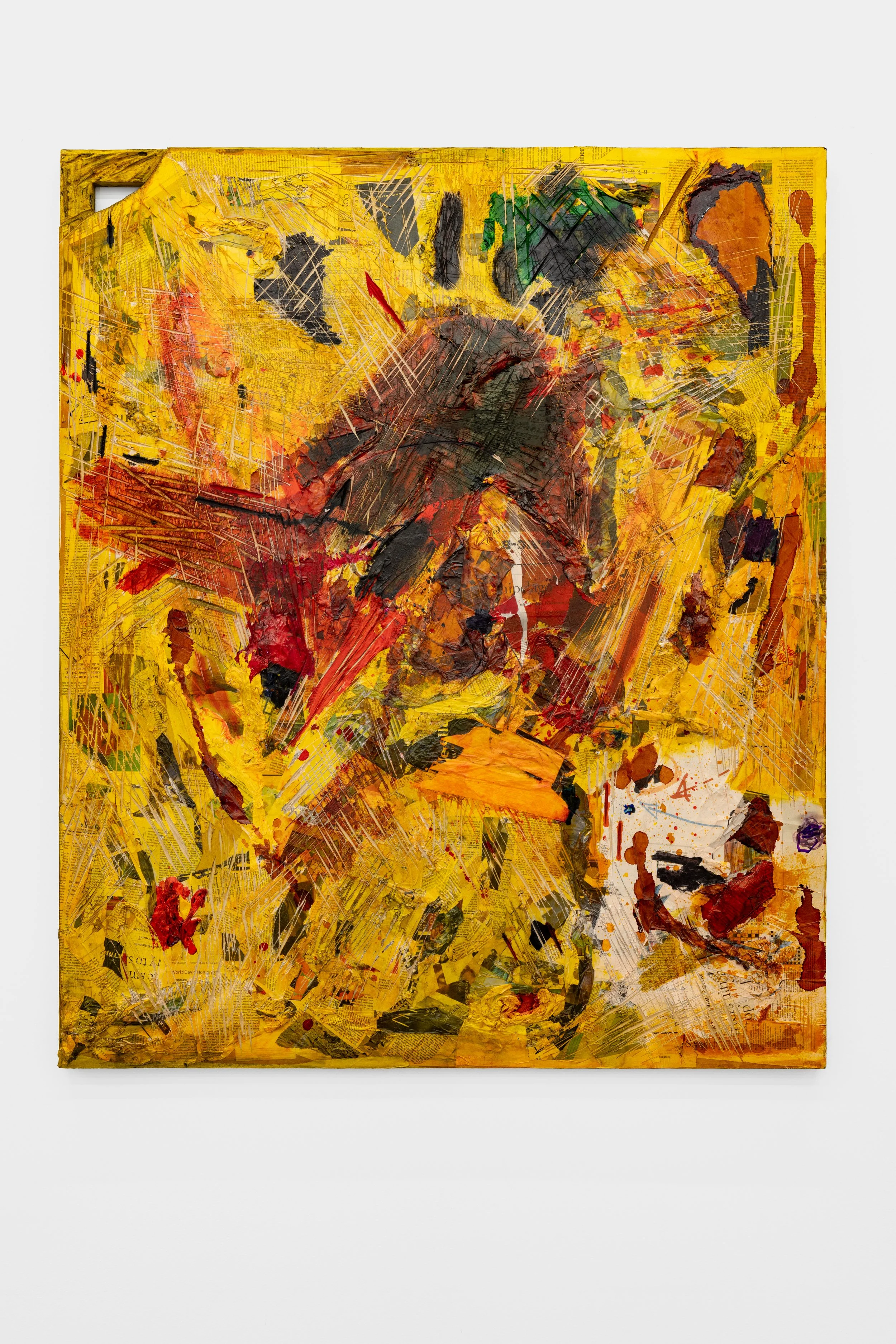 Untitled, 120 × 100 × 3.5 cm, Paper collage, Oil-based ink, Engraving on wood panel