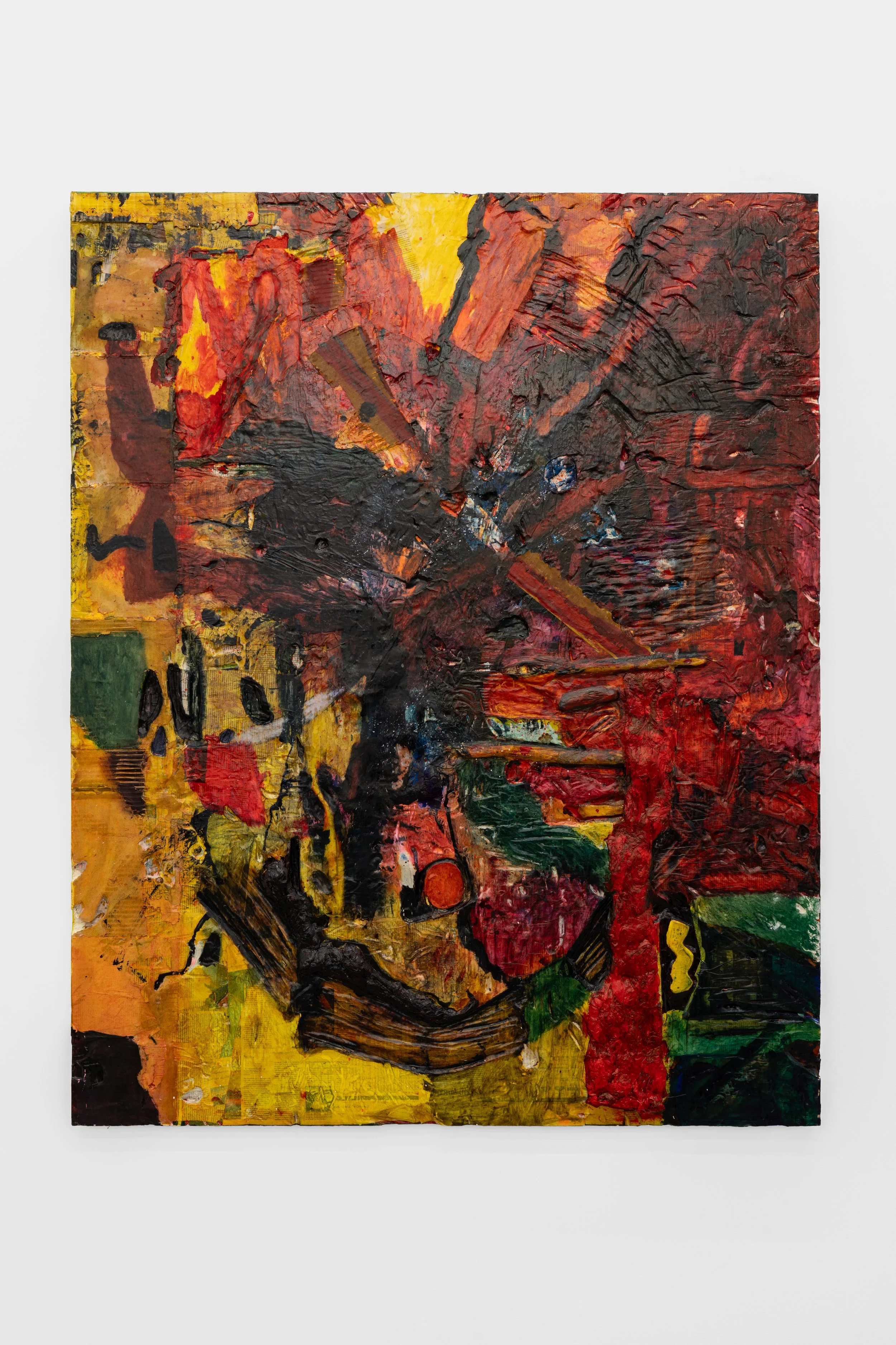 Untitled, 2024, 162 × 130 × 4 cm, Paper Collage, Oil-based ink, Cardboard, Engraving on Wood Panel