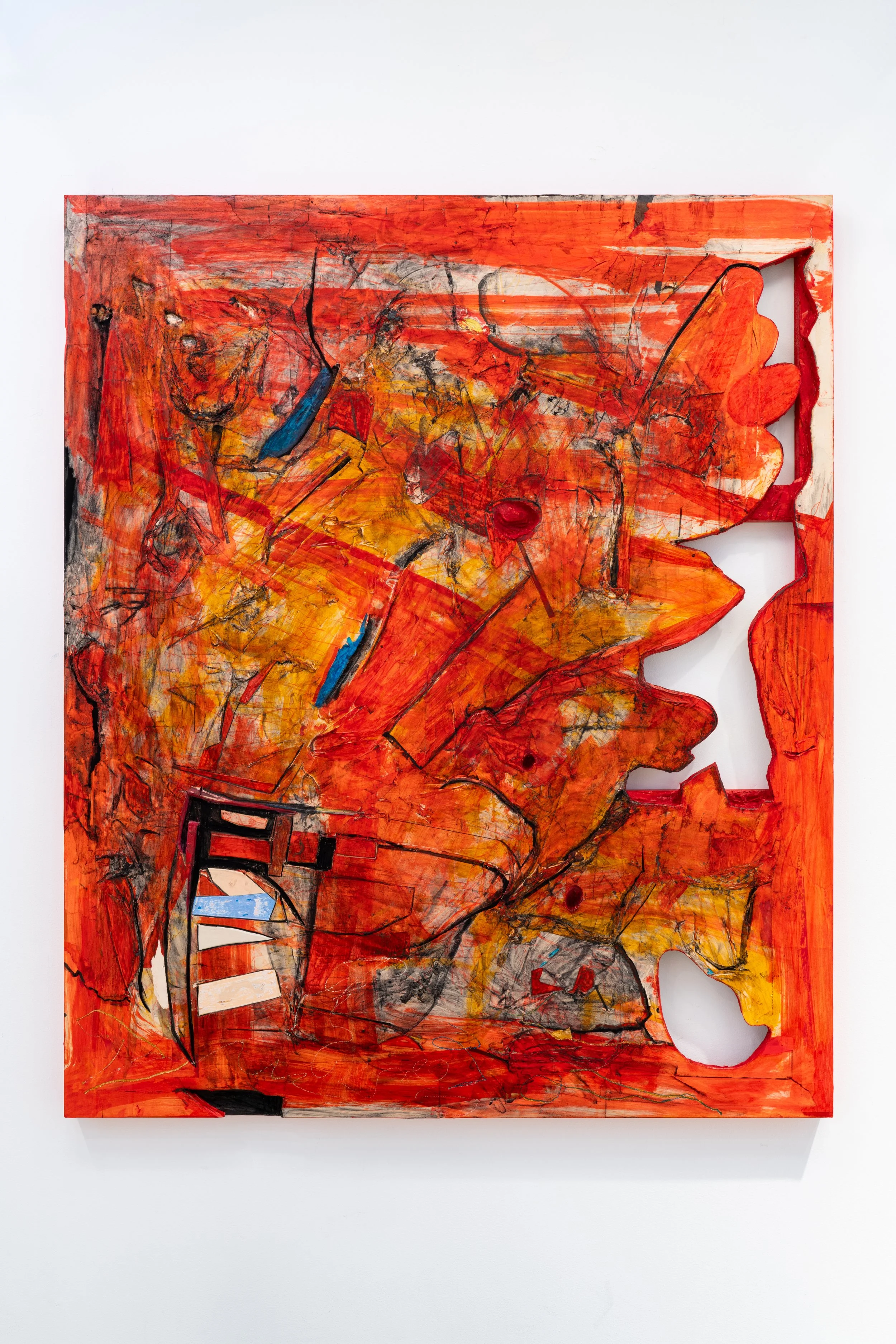 Untitled, 2024, 120 x 100 x 3.5 cm, Paper Collage, Oil-based ink, Engraving on Wood Panel
