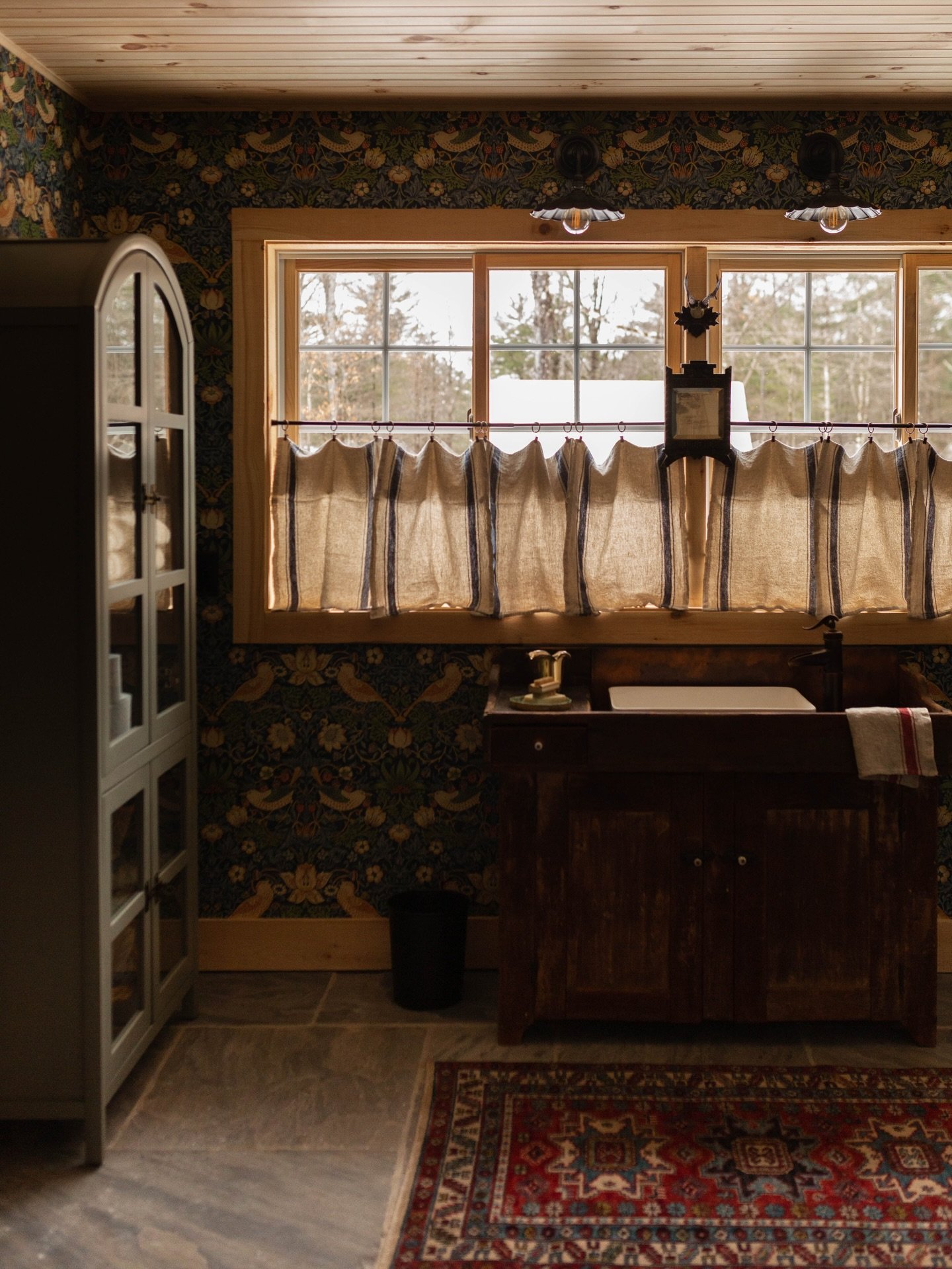 Swipe for the before of the barn bathroom! The way wallpaper transforms a space will always be exciting to me. This room, a &ldquo;shed&rdquo; off the side of the barn, was floor-to-ceiling drywall and in need of some cosmetic details to really pull 