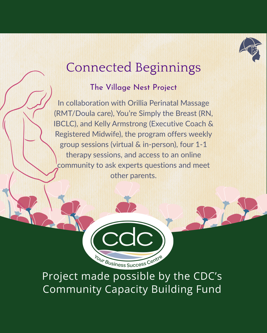 Flyer for the Village Nest Project, promoting weekly group sessions and therapy for new mothers, in collaboration with Orillia Perinatal Massage, featuring a pink line drawing of a pregnant woman and pink flowers, with CDC logo and a green background.