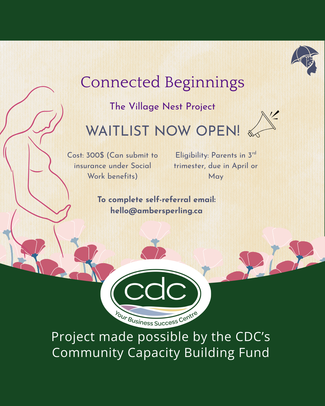 Flyer with a pregnant woman illustration, promoting a waitlist for the Village Nest Project, with CDC logo and floral graphics.